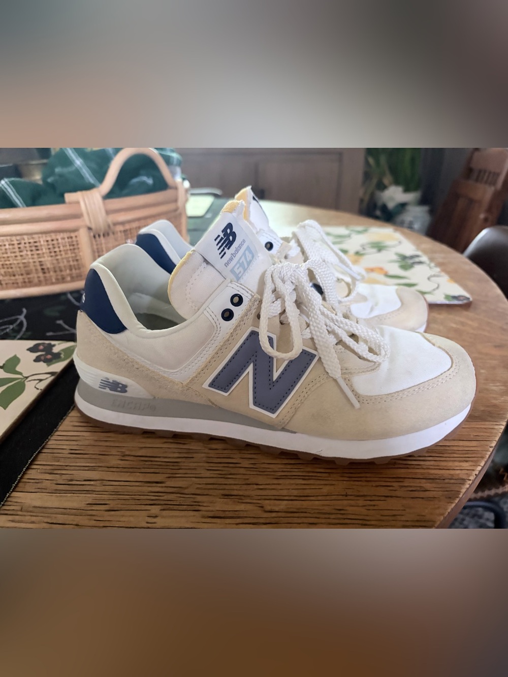 New Balance Beige & White Sneakers with Blue Logo